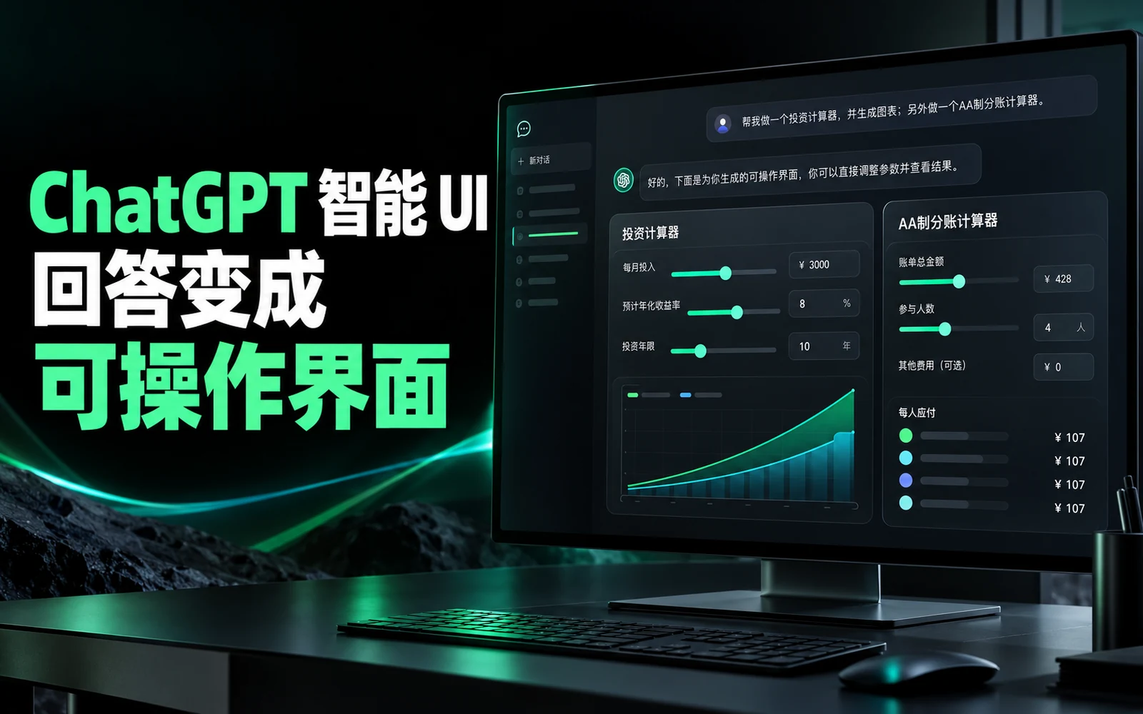 ChatGPT GPT-6 智能 UI 工作台，展示可调图表和交互式任务清单