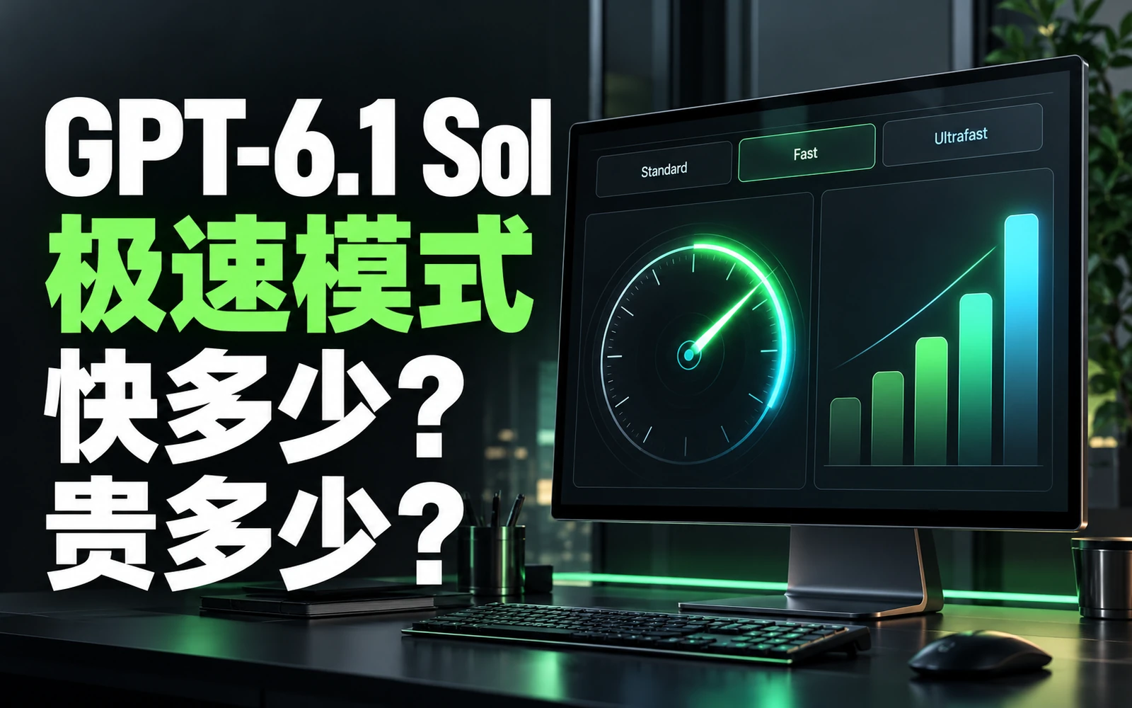 GPT-6.1 Sol Ultrafast 工作台展示三档速度选择与任务耗时，说明如何比较速度和总成本