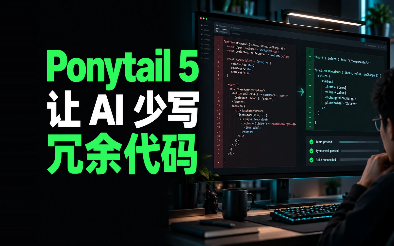Ponytail 5 代码工作台显示复用现有组件与测试通过，讨论如何减少 AI 编程冗余代码