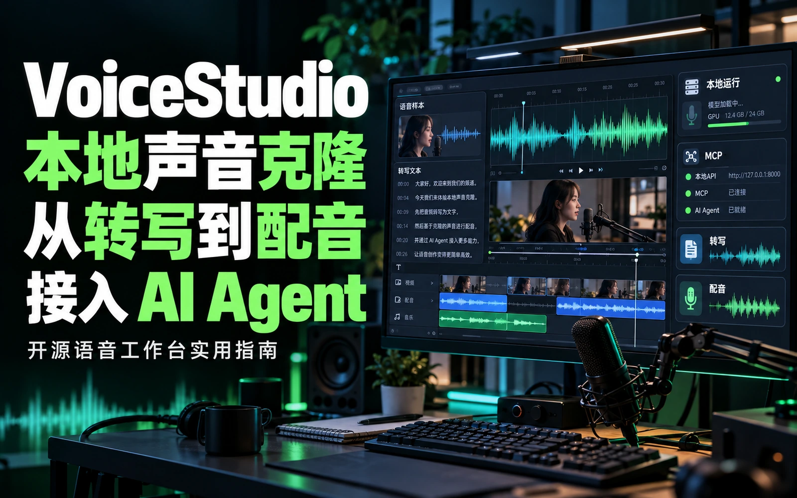 VoiceStudio 本地语音工作台展示声音样本、转写波形、配音时间线与 MCP 接入